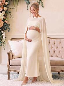 Loomaby Maternity Versatile Fitted Dress With Shawl Top 2 Pieces Set,Gender Reveal Dress,Maternity Dress,Baby Shower Dress - Apricot - View 2