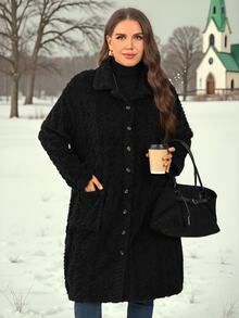 EMERY ROSE Plus Size Country Women Corduroy Double Pocket Button Placket Midi Coat, Fall Women - Black - View 4