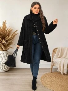 EMERY ROSE Plus Size Country Women Corduroy Double Pocket Button Placket Midi Coat, Fall Women - Black - View 7