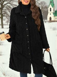 EMERY ROSE Plus Size Country Women Corduroy Double Pocket Button Placket Midi Coat, Fall Women - Black - View 1