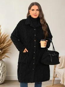EMERY ROSE Plus Size Country Women Corduroy Double Pocket Button Placket Midi Coat, Fall Women - Black - View 9