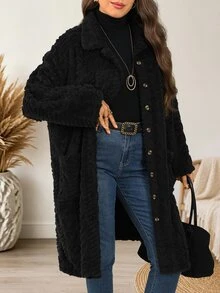 EMERY ROSE Plus Size Country Women Corduroy Double Pocket Button Placket Midi Coat, Fall Women - Black - View 8