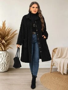 EMERY ROSE Plus Size Country Women Corduroy Double Pocket Button Placket Midi Coat, Fall Women - Black - View 3