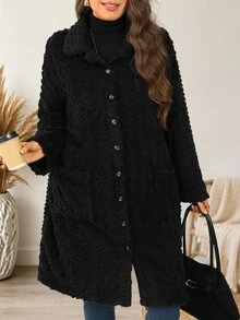 EMERY ROSE Plus Size Country Women Corduroy Double Pocket Button Placket Midi Coat, Fall Women - Black - View 6