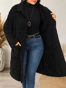 EMERY ROSE Plus Size Country Women Corduroy Double Pocket Button Placket Midi Coat, Fall Women - Black - View 5