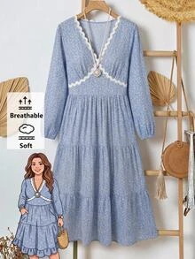Rusticease Plus Size Women's Deep V-Neck All-Over Print Pleated Casual Everyday Summer Dress Fall - Blue - View 2