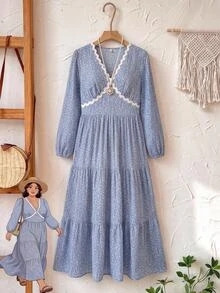 Rusticease Plus Size Women's Deep V-Neck All-Over Print Pleated Casual Everyday Summer Dress Fall - Blue - View 1