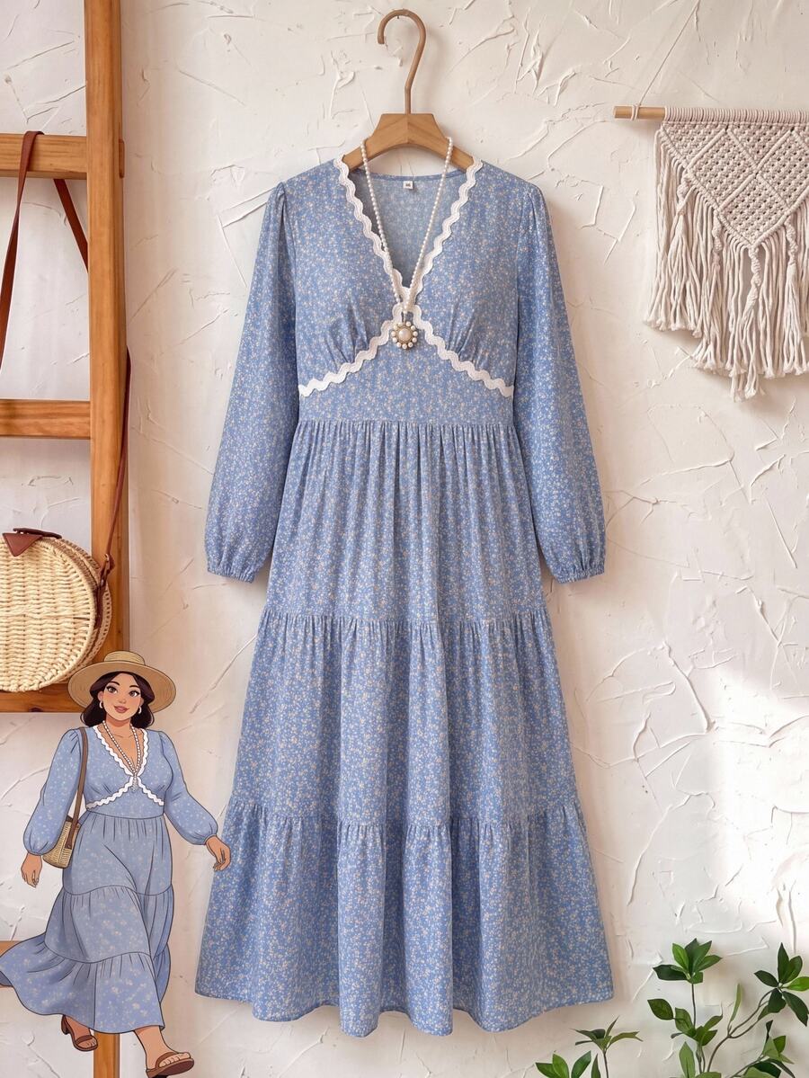 Rusticease Plus Size Women's Deep V-Neck All-Over Print Pleated Casual Everyday Summer Dress Fall - Blue - View 1