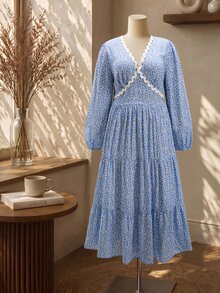 Rusticease Plus Size Women's Deep V-Neck All-Over Print Pleated Casual Everyday Summer Dress Fall - Blue - View 4