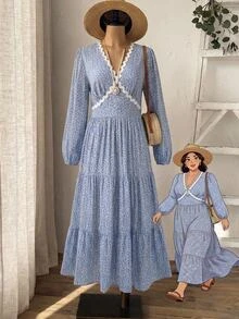Rusticease Plus Size Women's Deep V-Neck All-Over Print Pleated Casual Everyday Summer Dress Fall - Blue - View 3