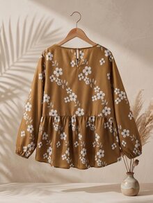 Rusticease Kemeja Liburan Motif Bunga Ukuran Besar dengan Hem Berkerut, Cocok untuk Makan Siang Musim Gugur, Formal, Kasual, Kencan Malam, Kuning Mustard, Gaya Boho Bohemian - Kuning - View 4