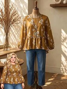 Rusticease Kemeja Liburan Motif Bunga Ukuran Besar dengan Hem Berkerut, Cocok untuk Makan Siang Musim Gugur, Formal, Kasual, Kencan Malam, Kuning Mustard, Gaya Boho Bohemian - Kuning - View 1