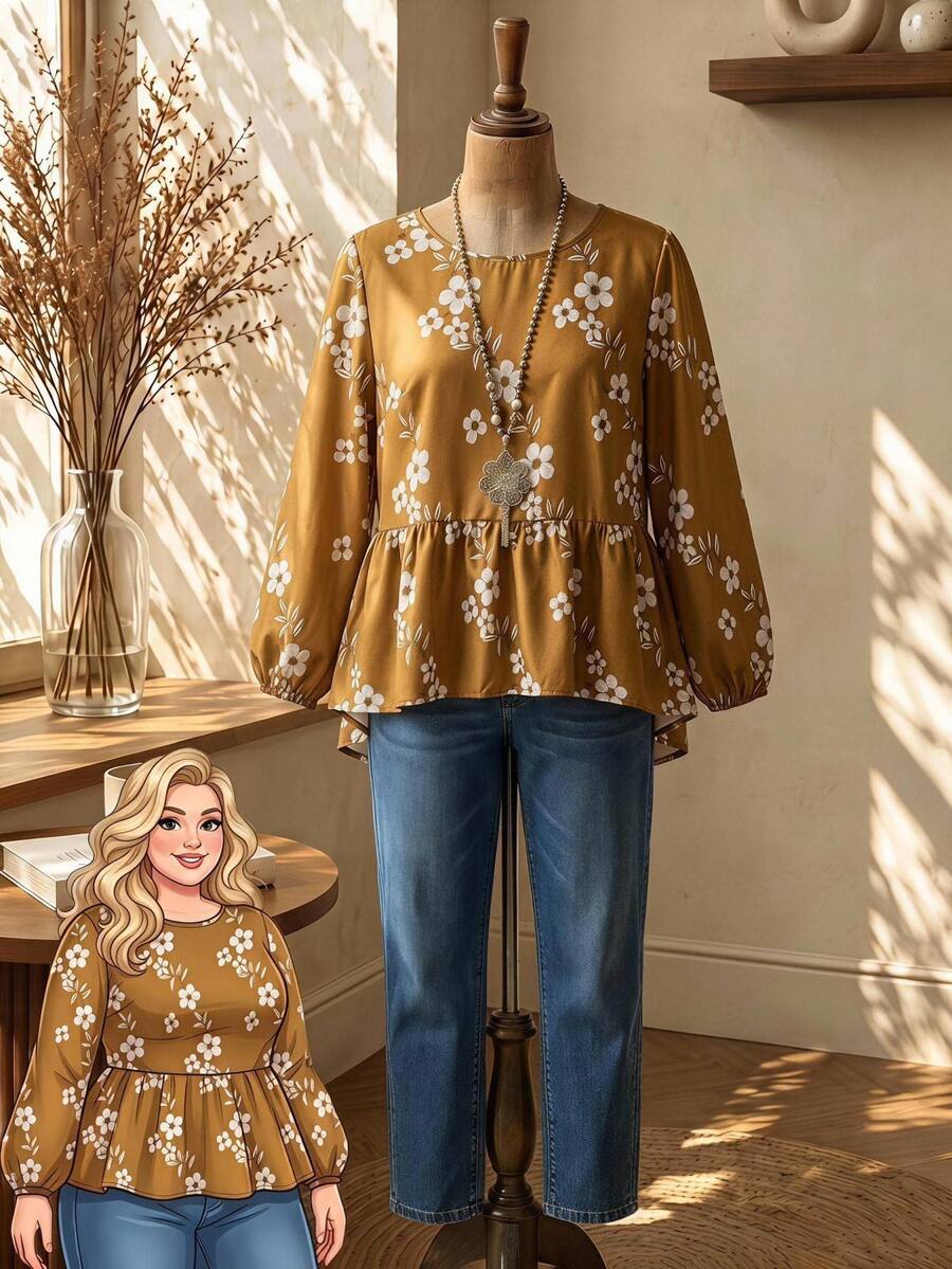 Rusticease Kemeja Liburan Motif Bunga Ukuran Besar dengan Hem Berkerut, Cocok untuk Makan Siang Musim Gugur, Formal, Kasual, Kencan Malam, Kuning Mustard, Gaya Boho Bohemian - Kuning - View 1