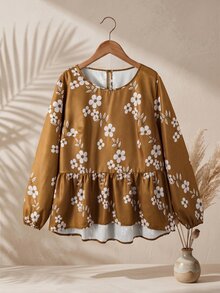Rusticease Kemeja Liburan Motif Bunga Ukuran Besar dengan Hem Berkerut, Cocok untuk Makan Siang Musim Gugur, Formal, Kasual, Kencan Malam, Kuning Mustard, Gaya Boho Bohemian - Kuning - View 5
