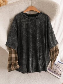 CosyJoli Women's Plus Size Washed Design Patchwork 2 In 1 Sweatshirt Grunge 80's 90s Casual Anti Social Fall Graduation Club Formal Outfits Grey - Black - View 5