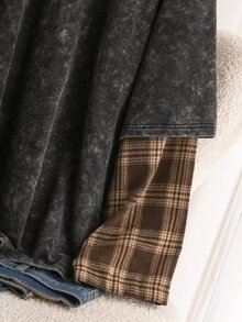 CosyJoli Women's Plus Size Washed Design Patchwork 2 In 1 Sweatshirt Grunge 80's 90s Casual Anti Social Fall Graduation Club Formal Outfits Grey - Black - View 6