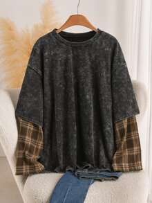 CosyJoli Women's Plus Size Washed Design Patchwork 2 In 1 Sweatshirt Grunge 80's 90s Casual Anti Social Fall Graduation Club Formal Outfits Grey - Black - View 2