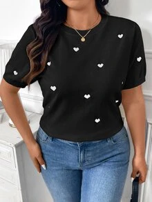 SHEIN Frenchy Plus Size Women Heart Print Crew Neck Short Sleeve Casual Knitted Sweater, Autumn/Winter Fall - Black - View 1