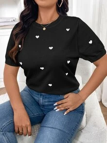 SHEIN Frenchy Plus Size Women Heart Print Crew Neck Short Sleeve Casual Knitted Sweater, Autumn/Winter Fall - Black - View 5
