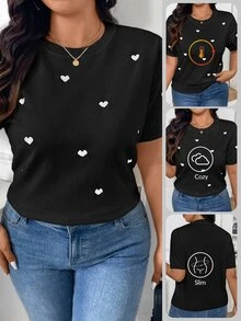 SHEIN Frenchy Plus Size Women Heart Print Crew Neck Short Sleeve Casual Knitted Sweater, Autumn/Winter Fall - Black - View 6