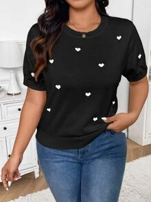 SHEIN Frenchy Plus Size Women Heart Print Crew Neck Short Sleeve Casual Knitted Sweater, Autumn/Winter Fall - Black - View 4