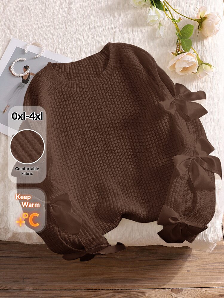 CosyJoli Sweater Lengan Panjang Kerah Bulat Ukuran Besar dengan Dekorasi Pita Berongga, Gaya Peri yang Imut, Potongan Longgar, Pullover Rajut Aprikot untuk Musim Gugur/Dingin - Coklat - View 8