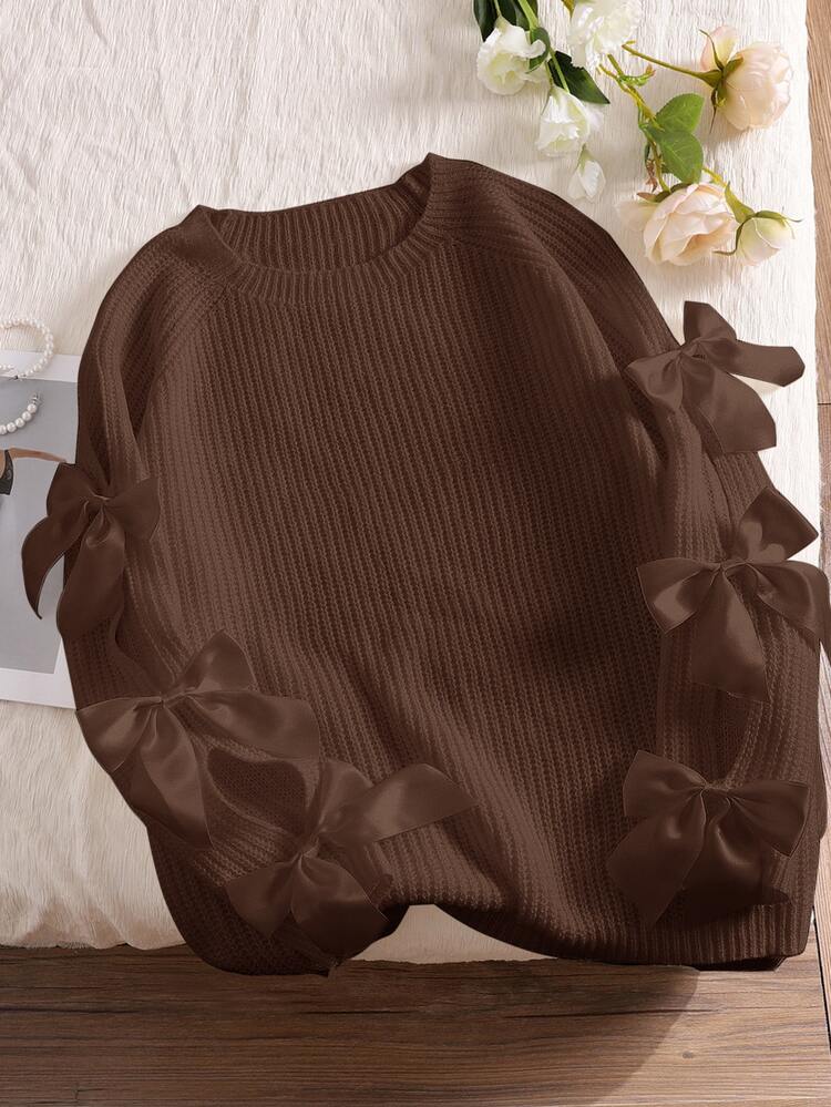 CosyJoli Sweater Lengan Panjang Kerah Bulat Ukuran Besar dengan Dekorasi Pita Berongga, Gaya Peri yang Imut, Potongan Longgar, Pullover Rajut Aprikot untuk Musim Gugur/Dingin - Coklat - View 3