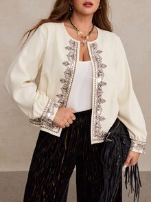 Freevana 女款復古波希米亞風花卉刺繡前開襟長袖無領短版夾克外套 - 米色 - 查看 5