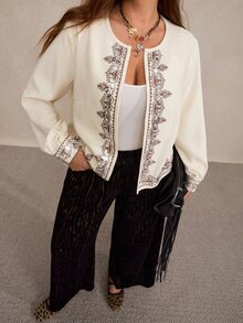 Freevana 女款復古波希米亞風花卉刺繡前開襟長袖無領短版夾克外套 - 米色 - 查看 7