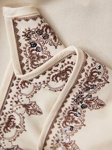 Freevana 女款復古波希米亞風花卉刺繡前開襟長袖無領短版夾克外套 - 米色 - 查看 8