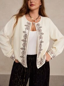 Freevana 女款復古波希米亞風花卉刺繡前開襟長袖無領短版夾克外套 - 米色 - 查看 6