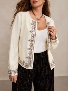 Freevana 女款復古波希米亞風花卉刺繡前開襟長袖無領短版夾克外套 - 米色 - 查看 4