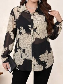 Chikora Plus Size Elegant Commuter Floral Print Blouse Fall - Multicolor - View 1