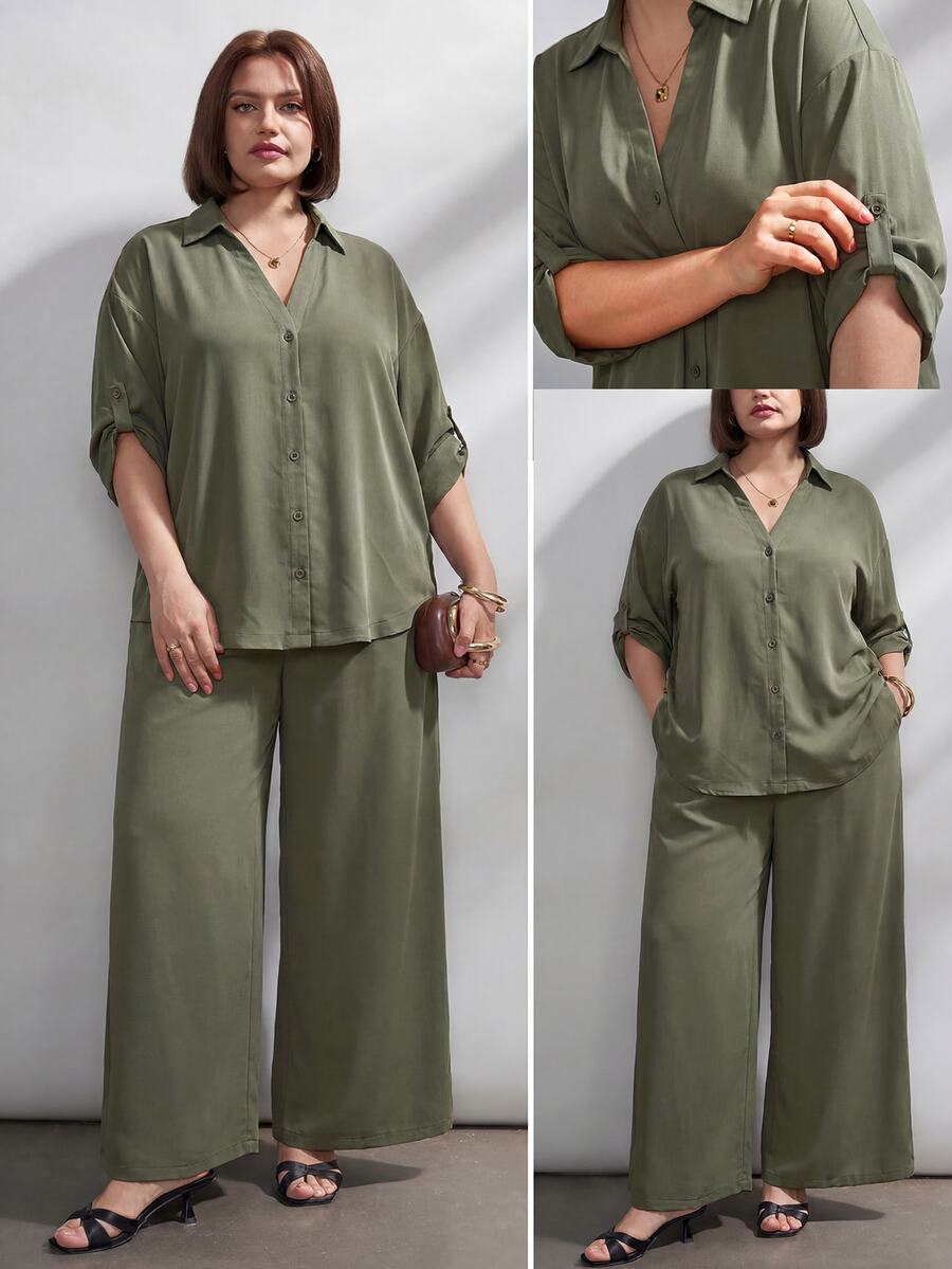 Chikora Plus Size Summer Brown Cardigan 2 Pieces Set, Brown 2 Pieces Set, Office Wear, Suitable For Multiple Occasions Saudi National Day - Multicolor - View 1