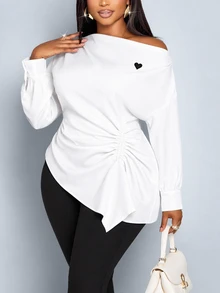 SHEIN Clasi Plus Size Women's Asymmetrical Shoulder Ruched Casual Elegant Versatile Daily Wear Blouse Autumn Formal Office White - White - View 4