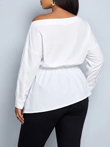 SHEIN Clasi Plus Size Women's Asymmetrical Shoulder Ruched Casual Elegant Versatile Daily Wear Blouse Autumn Formal Office White - White - View 2
