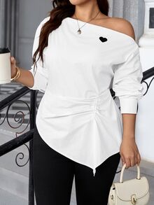 SHEIN Clasi Plus Size Women's Asymmetrical Shoulder Ruched Casual Elegant Versatile Daily Wear Blouse Autumn Formal Office White - White - View 1