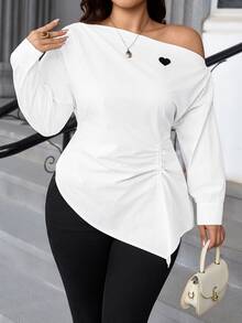SHEIN Clasi Plus Size Women's Asymmetrical Shoulder Ruched Casual Elegant Versatile Daily Wear Blouse Autumn Formal Office White - White - View 6
