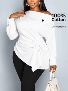 SHEIN Clasi Plus Size Women's Asymmetrical Shoulder Ruched Casual Elegant Versatile Daily Wear Blouse Autumn Formal Office White - White - View 5