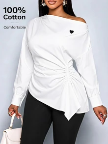 SHEIN Clasi Plus Size Women's Asymmetrical Shoulder Ruched Casual Elegant Versatile Daily Wear Blouse Autumn Formal Office White - White - View 3