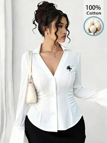 SHEIN Clasi Plus Size Women's Casual Daily Wear Shirt With Equestrian Pattern Fall - White - View 3