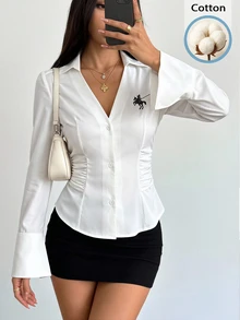 SHEIN Clasi Plus Size Women's Casual Daily Wear Shirt With Equestrian Pattern Fall - White - View 7