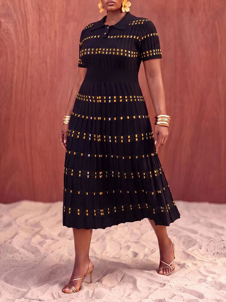 Zivah Plus Size Women's Black And Gold Elegant Autumn Office Knit Polo Collar A-Line Sweater Dress,Versatile Midi Dress For Party,Wedding Guest & Commute - Multicolor - View 1