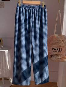 Comfortcana Celana Panjang Longgar Motif Kotak-kotak untuk Liburan Musim Panas Wanita dengan Ikat Pinggang - Navy Blue - View 2