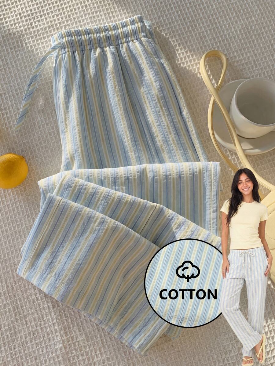 Comfortcana Women's Blue And White Striped Patchwork Casual Versatile Daily Wear Pants Lounge Autumn - Blue - View 1