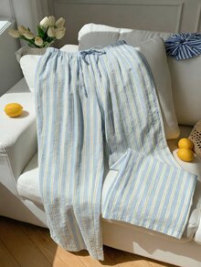 Comfortcana Women's Blue And White Striped Patchwork Casual Versatile Daily Wear Pants Lounge Autumn - Blue - View 5