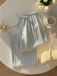 Comfortcana Women's Blue And White Striped Patchwork Casual Versatile Daily Wear Pants Lounge Autumn - Blue - View 3