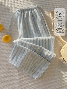 Comfortcana Women's Blue And White Striped Patchwork Casual Versatile Daily Wear Pants Lounge Autumn - Blue - View 7