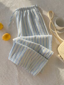 Comfortcana Women's Blue And White Striped Patchwork Casual Versatile Daily Wear Pants Lounge Autumn - Blue - View 6