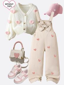 SHEIN Genkimix Kids 女童牛仔吊帶褲 全季款 甜美復古西式 嬰兒藍 3D大蝴蝶結愛心刺繡 直筒寬鬆版型 柔軟舒適面料 夏季 - 卡其色 - 查看 6